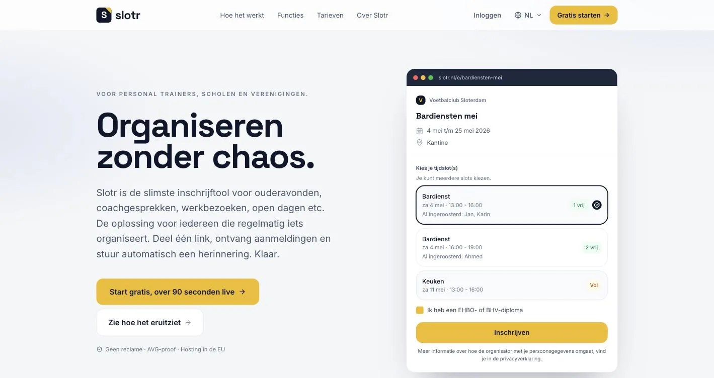 Homepage van Slotr: Organiseren zonder chaos